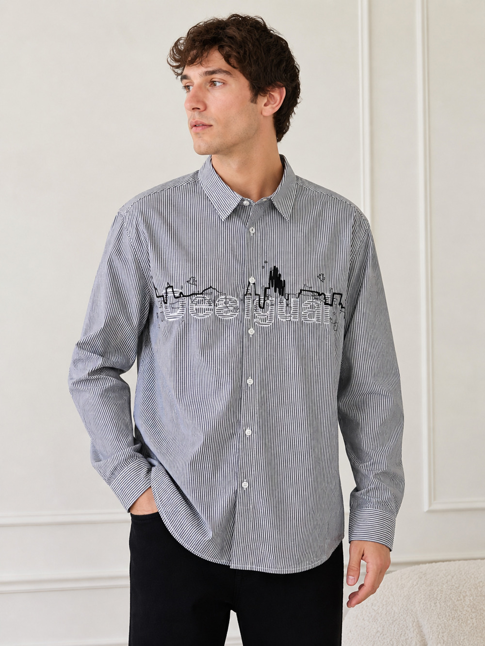 Desigual Mens XXL Striped Button Down Shirt Long Sleeve City Skyline Graphic NWT